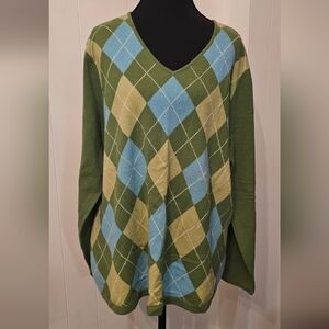 Charter Club Cashmere Green and Blue Argyle V-Neck Sweater 2X Plus